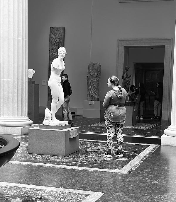 Student looking at sculpture at the Met