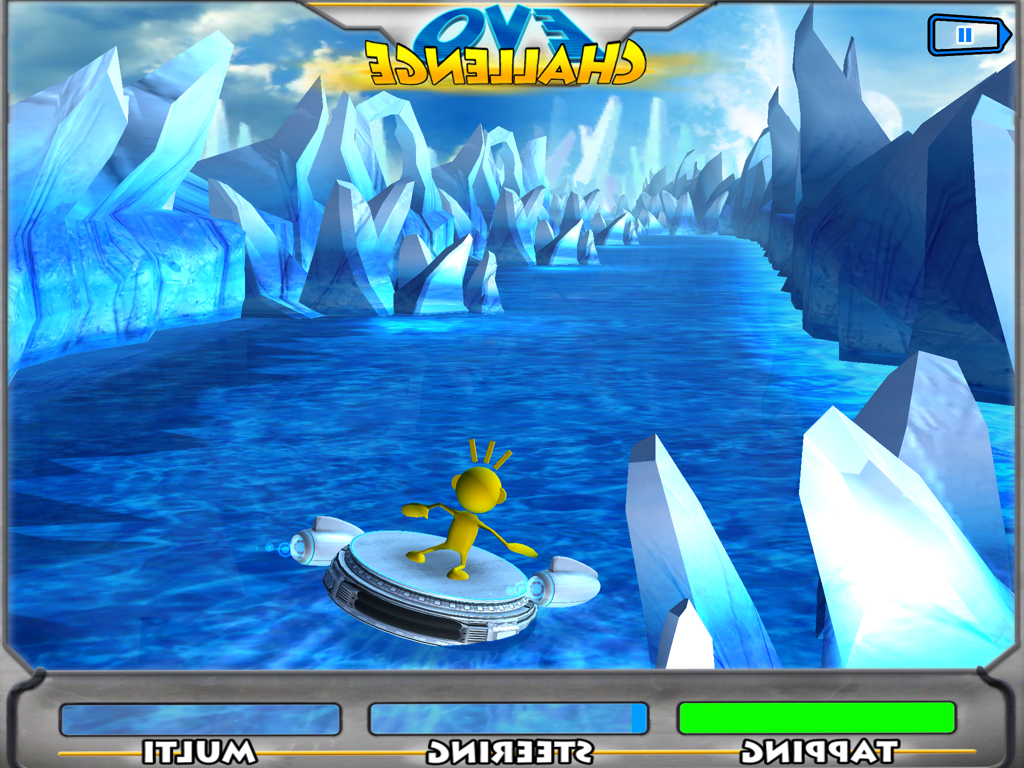 Screenshot of Project Evo showing yellow avatar floating among icebergs with the word CHALLENGE at the top and the words TAPPING, STEERING, and MULTI at the bottom